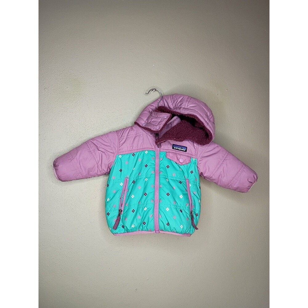 Patagonia infant snow coat and pants reversible Sherpa teal and purple size 3-6